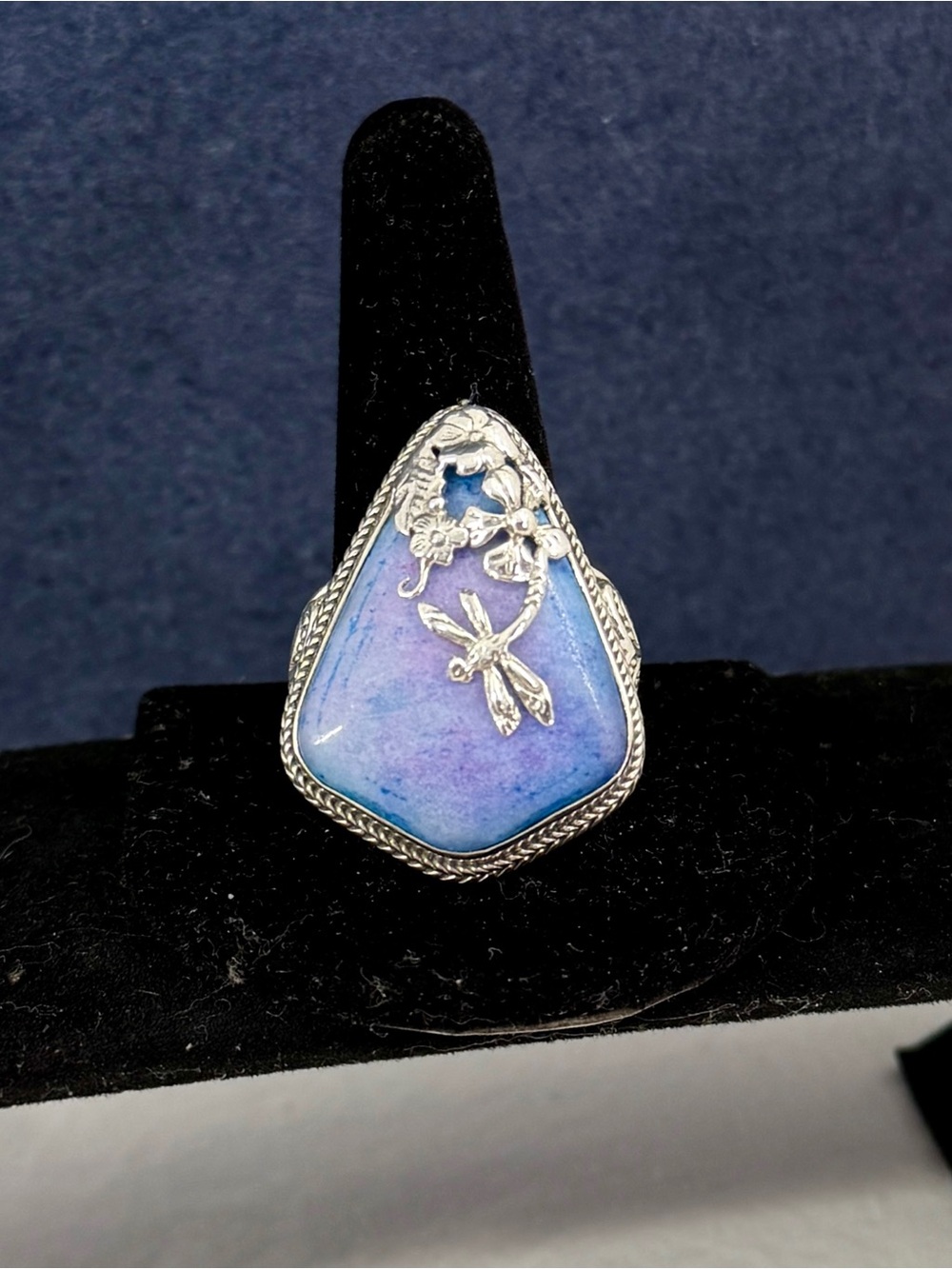 SARDA Bali Artisan Sterling Silver Dragonfly Purple Tie-Dye Jasper Stone Ring 12